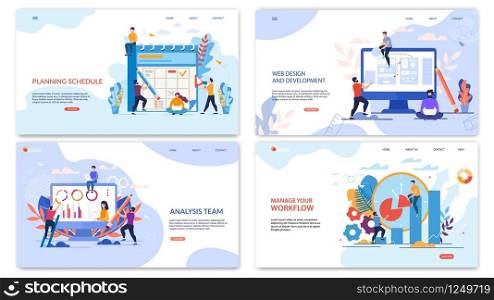Advertising Flyer Inscription Analysis Time. Set Banner Planning Schedule, Manage Your Workflow, Web Design and Development. People Work Remotely to Save and Successfully Develop Company.