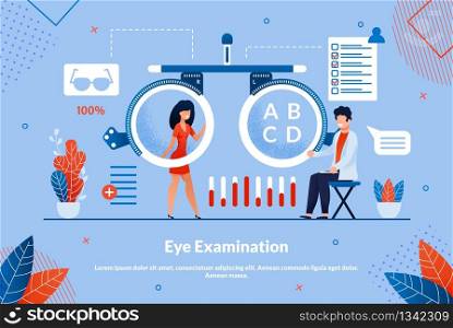 Advertising Flyer Inscription Eye Examination. Sequence Treatment by which Desired Result is Achieved. Male Doctor Selects Size Lenses for Eyes Beautiful Girl. Vector Illustration Landing Page.. Advertising Flyer Inscription Eye Examination.