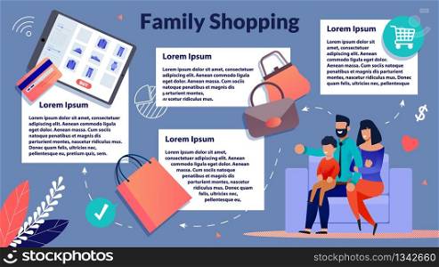 Advertising Flyer Inscription Family Shopping. Happy Young Husband with Wife and Child Sitting on Couch and Order Online Goods. Parents and Son Enjoy Online Shopping. Vector Illustration.. Advertising Flyer Inscription Family Shopping.