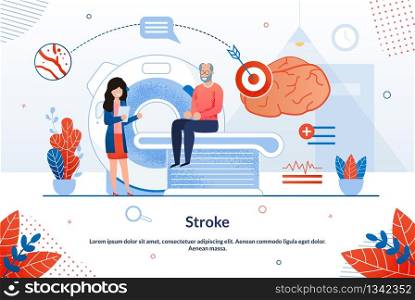 Advertising Flyer Inscription Stroke Cartoon. Research Methods in Modern Medicine. An Elderly Man Sits on Equipment for Brain Research, Girl is Standing Nearby. Vector Illustration.