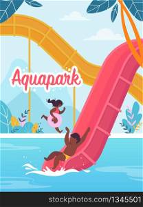 Advertising Flyer is Written Aquapark Cartoon. Happy Children Play and Rejoice in Water Park. Child is Moving Down to Pool from Inflatable Slide. Girl Runs with an Inflatable Circle.. Advertising Flyer is Written Aquapark Cartoon.