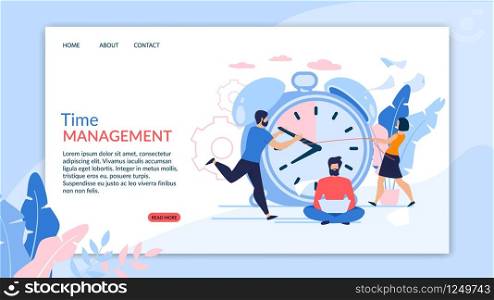 Advertising Flyer is Written Time Management. Registration Internal Documents. Guy with Girl Directs Clock on Large Alarm Clock. Bearded Man Sitting with Laptop on Floor. Vector Illustration.