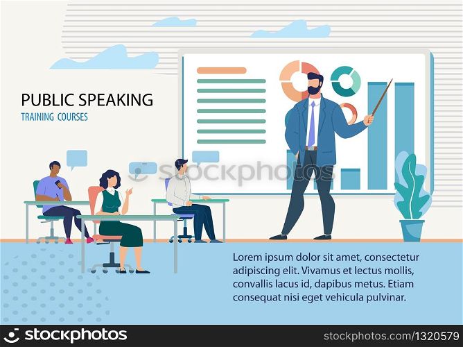 Advertising Flyer it is Written Public Speacking. Training Courses. Course is Full Details and Divided into Modules. Large Man in Suit Speaks in an Audience in Front Students, Uses Chart.