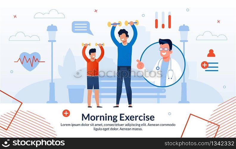 Advertising Flyer Morning Exercise Lettering. Strengthening and Regulating Effect on Nervous System and Functions Digestive System. Father and Son do Exercises. Vector Illustration.. Advertising Flyer Morning Exercise Father and Son
