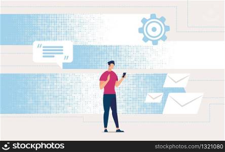 Advertising Flyer Receiving Correspondence Online. Guy in Casual Clothes Looks in Smartphone Messages and Email. Conceptual Idea Man and Everyday Communication Online. Vector Illustration.