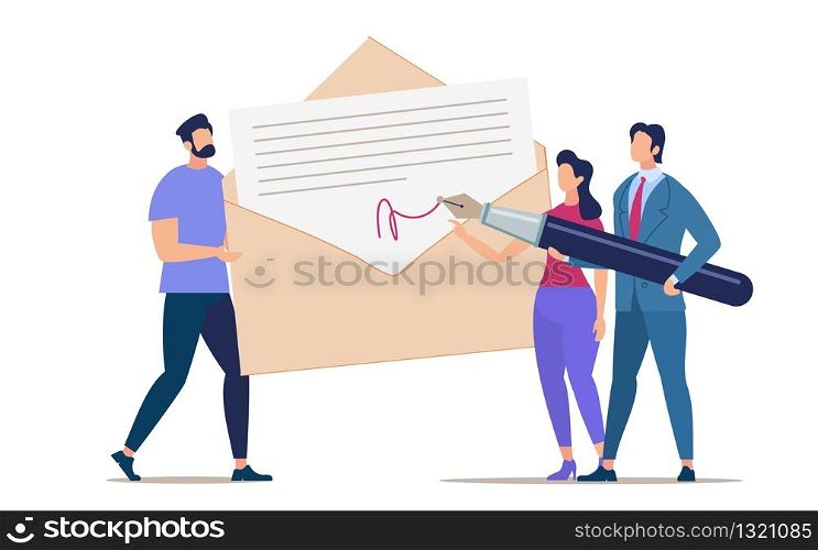Advertising Flyer Signing and Mailing Document. Conceptual Idea People Solve Questions with Documents Through Correspondence. Woman and Man Sign Paper in Presence Man Suit. Vector Illustration.
