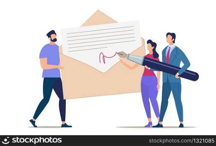Advertising Flyer Signing and Mailing Document. Conceptual Idea People Solve Questions with Documents Through Correspondence. Woman and Man Sign Paper in Presence Man Suit. Vector Illustration.