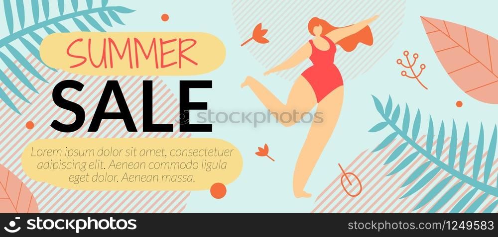 Advertising Flyer Summer Sale Vector Illustration. Cumulative Discount on Sale Goods for Women. Beautiful Woman in Swimsuit Rejoices and Dances. Hot Price and Offer. Layout Coupon Code.. Advertising Flyer Summer Sale Vector Illustration.