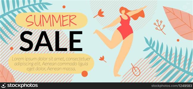Advertising Flyer Summer Sale Vector Illustration. Cumulative Discount on Sale Goods for Women. Beautiful Woman in Swimsuit Rejoices and Dances. Hot Price and Offer. Layout Coupon Code.. Advertising Flyer Summer Sale Vector Illustration.