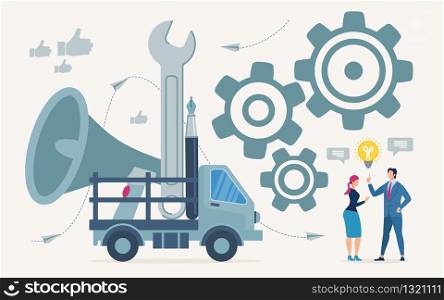 Advertising Flyer Tools For Introducing Ideas. Conceptual Idea Necessary Tools for Management. In Back Car Loudspeaker, Pen and Wrench. Man and Woman are Discussing an Idea. Vector Illustration.