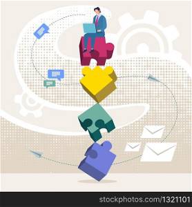 Advertising Flyer Unsuitable Puzzle Items Flat. Conceptual Idea Man Builds Life from Different Components. Man Sits on Puzzles. Color Puzzle Elements are not Put Together. Vector Illustration.