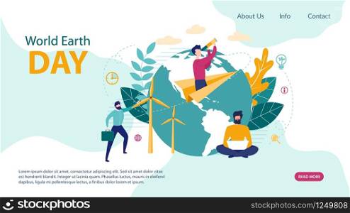 Advertising Flyer World Earth Day, Lettering. Touching Life Employees One Office. Poster Man with Briefcase Stands Near Wind Turbine. Guy is Looking Through Telescope. Vector Illustration.