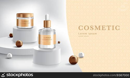 Advertising for cream and spray. Cosmetic tube and realistic bottle at stage pedestal. Branding and packaging design template. vector illustration