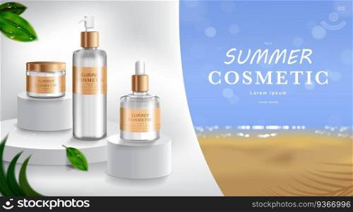 Advertising for sunscreen cream and spray. Cosmetic tube and realistic bottle at beach and sea. Branding and packaging design template. vector illustration