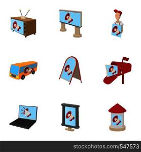 Advertising goods icons set. Cartoon illustration of 9 advertising goods vector icons for web. Advertising goods icons set, cartoon style