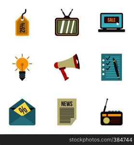 Advertising goods icons set. Flat illustration of 9 advertising goods vector icons for web. Advertising goods icons set, flat style