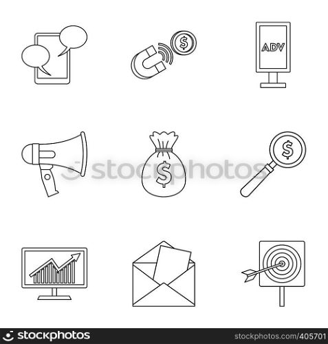 Advertising goods icons set. Outline illustration of 9 advertising goods vector icons for web. Advertising goods icons set, outline style