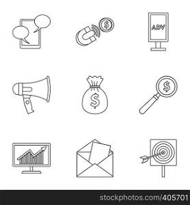 Advertising goods icons set. Outline illustration of 9 advertising goods vector icons for web. Advertising goods icons set, outline style