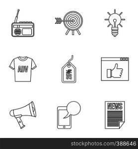 Advertising icons set. Outline illustration of 9 advertising vector icons for web. Advertising icons set, outline style