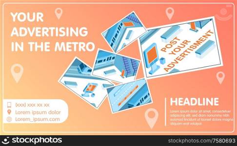 Advertising in metro collage with headline and location symbols isometric vector illustration