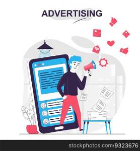 Advertising isolated cartoon concept. Man attracts clients in social media at mobile app, people scene in flat design. Vector illustration for blogging, website, mobile app, promotional materials.