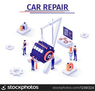 Advertising Isometric Banner Template with Engine Repair Process in Car Service. Masters Work with Auto Motor Hanging on Crane Lift. Diagnostic and Auto Maintenance. Vector Isometric 3d Illustration.. Promotion Banner with Engine Repairing Process