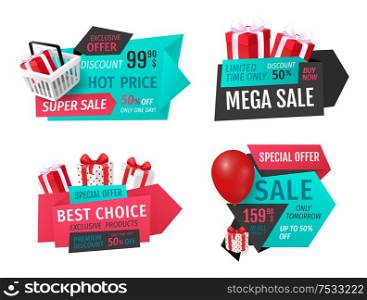 Advertising labels with promo prices, gift boxes and air balloons, shopping cart. Vector stickers with info about sales, emblems with discounts isolated. Advertising Labels with Promo Prices, Gift Boxes