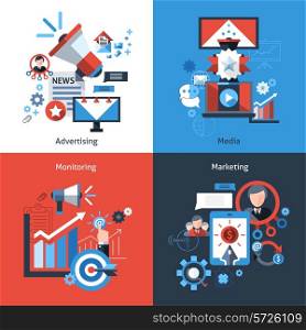 Advertising marketing design concept set with media monitoring flat icons isolated vector illustration