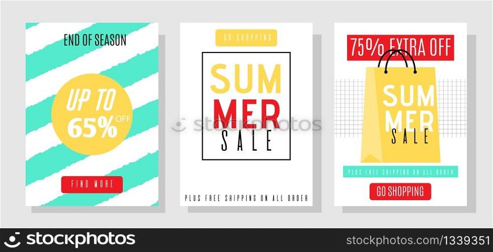 Advertising Media Banners Template Set with Summer Sales Offer. Social Pages with Great Discounts. Extra off up to 65 and 75 Percent. Online Shop Proposition to End of Season. Flat Vector Illustration. Media Banners Template Set with Summer Sales Offer