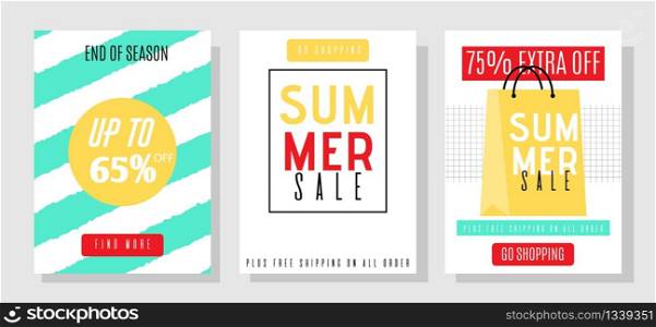 Advertising Media Banners Template Set with Summer Sales Offer. Social Pages with Great Discounts. Extra off up to 65 and 75 Percent. Online Shop Proposition to End of Season. Flat Vector Illustration. Media Banners Template Set with Summer Sales Offer