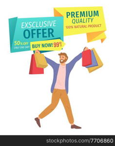 Advertising of an exclusive offer and premium quality. Natural products in the store. Man with shopping bags is smiling happily. Young handsome fashion shopper guy picks up multi-colored packages. Ad of an exclusive offer and premium quality. Natural products. Man is standing with shopping bags