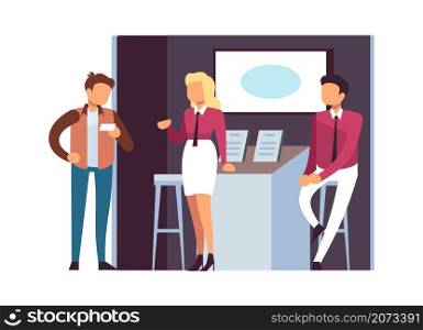 Advertising of goods at exhibition. Marketing, cartoon customers and sellers. Product demonstration stands or event trade booths vector concept. Illustration commercial promotion expo. Advertising of goods at exhibition. Marketing, cartoon customers and sellers. Product demonstration stands or event trade booths vector concept
