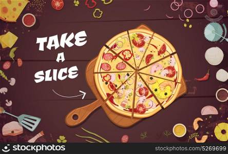 Advertising Of Pizza Cartoon Illustration. Advertising of pizza with slices on culinary board and ingredients on wood background cartoon vector illustration