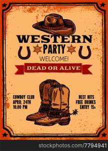 Advertising of western party with hat two pistols cowboy boots and title hand drawn poster vector illustration. Western Hand Drawn Poster