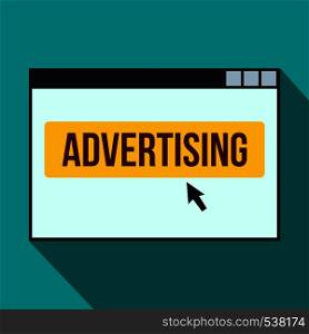 Advertising on a computer monitor icon in flat style on a blue background. Advertising on a computer monitor icon, flat style