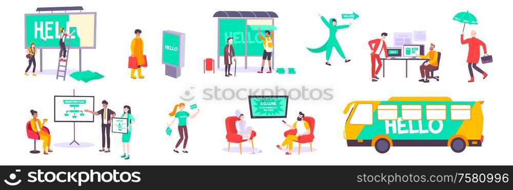 Advertising people flat set of isolated human characters wearing branded clothes and accessories with painted bus vector illustration