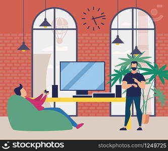 Advertising Poster Break for Relaxing at Work. Many Projects That Require Tireless Attention. Man Shows Time on Clock to Guy Who Plays an Online Game Cartoon. Vector Illustration.