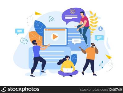 Advertising Poster Collaboration on Vlog Flat. Organization Timely Supply. Men Set Up Web Page. Setting Up Video Reviews and Posts. Girl with Laptop Sitting on Floor. Vector Illustration.