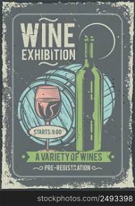Advertising poster design with illustration of a bottle of wine and a glass, a barrel on background.