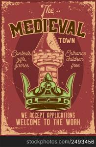 Advertising poster design with illustration of a crown with a tower on background.
