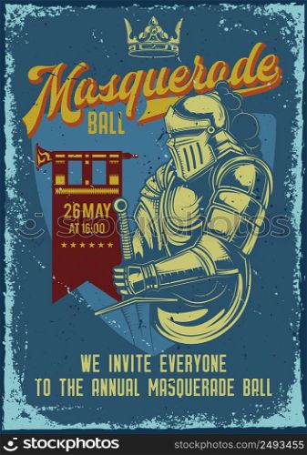 Advertising poster design with illustration of a knight with a sword on background.