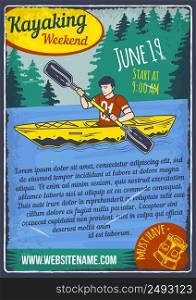 Advertising poster design with illustration of a man in kayak on the water on dusty background.