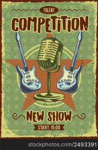 Advertising poster design with illustration of a microphone and guitars on background.