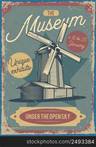 Advertising poster design with illustration of a mill on the background.