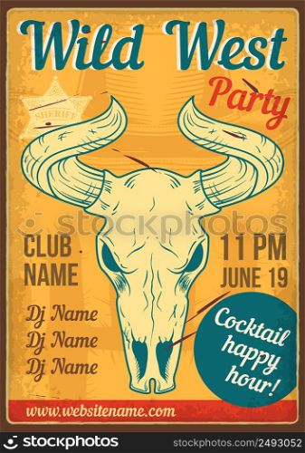 Advertising poster design with illustration of a skull of a bull on dusty background.