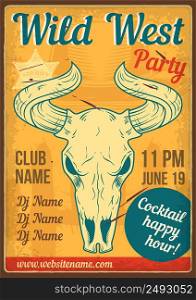 Advertising poster design with illustration of a skull of a bull on dusty background.