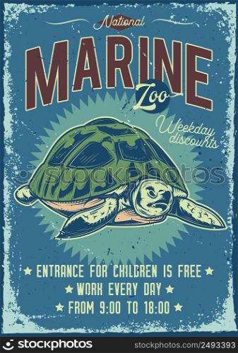 Advertising poster design with illustration of a turtle with on vintage background.