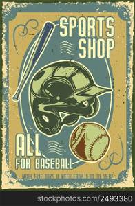 Advertising poster design with illustration of baseball helmet, a ball and a bat on dusty background.