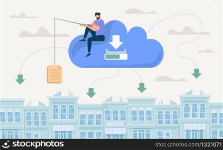 Advertising Poster Document Storage in Cloud. Flat Banner Conceptual Idea Methods and Ways Storing Large Documents. Man Sits on Cloud and Raises up Document Cartoon. Vector Illustration.