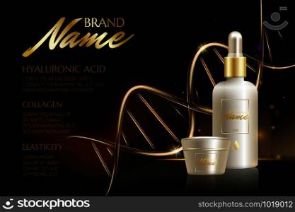 Advertising poster for cosmetic product for catalog, magazine. Vector design of cosmetic package. Natural oil with vitamins or hyaluronic acid. Vector illustration with isolated objects